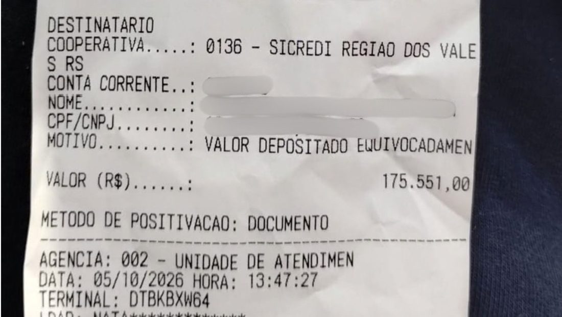 Morador de Travesseiro devolve R$ 175 mil recebidos por engano no mesmo dia
