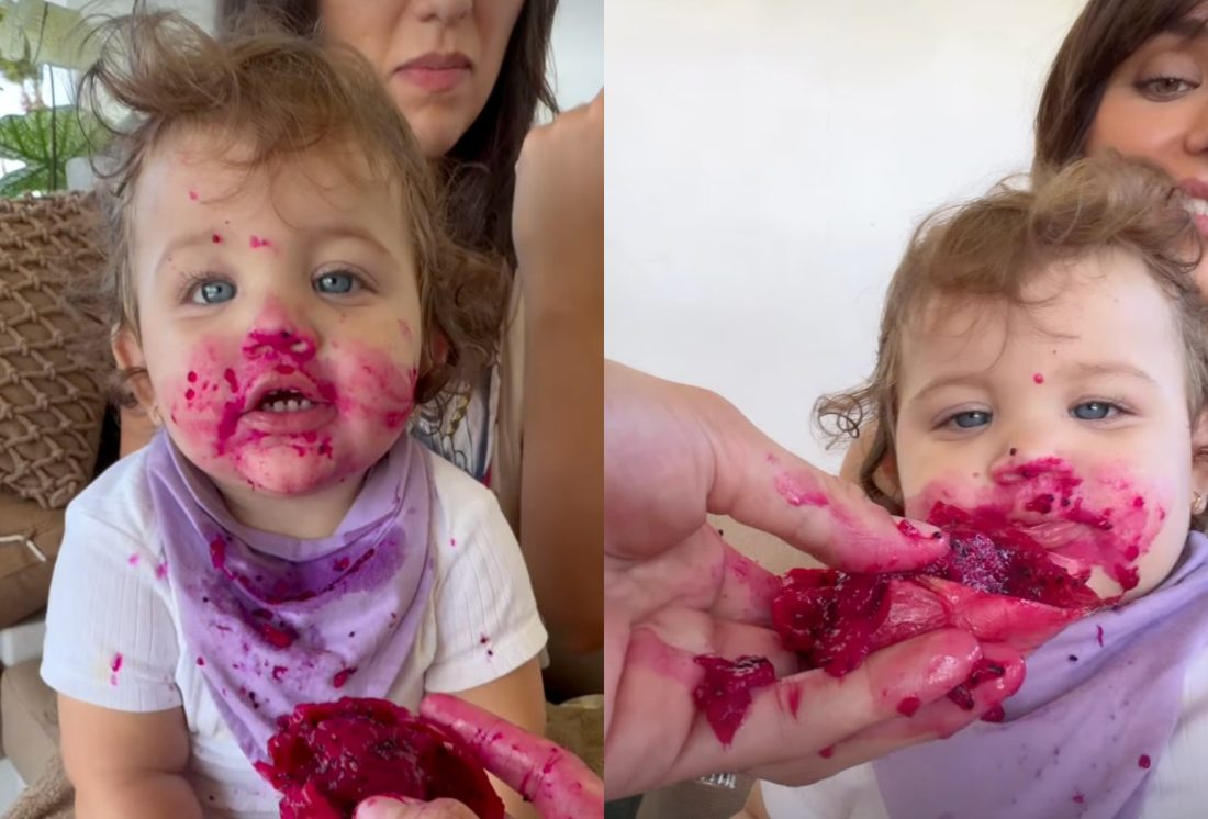 Nattan e Rafa Kalimann se divertem com a introdução alimentar de Zuza, a bebê de 9 meses que ficou parecendo a Peppa