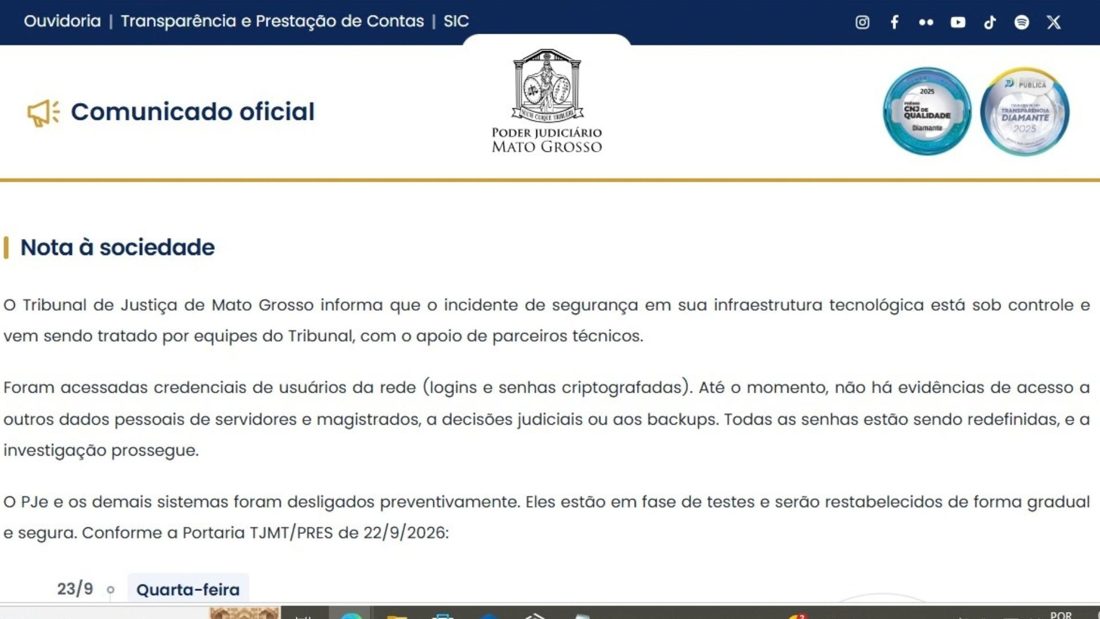 TJMT mantém sistemas fora do ar e atendimento ao público suspenso nesta segunda-feira (28)