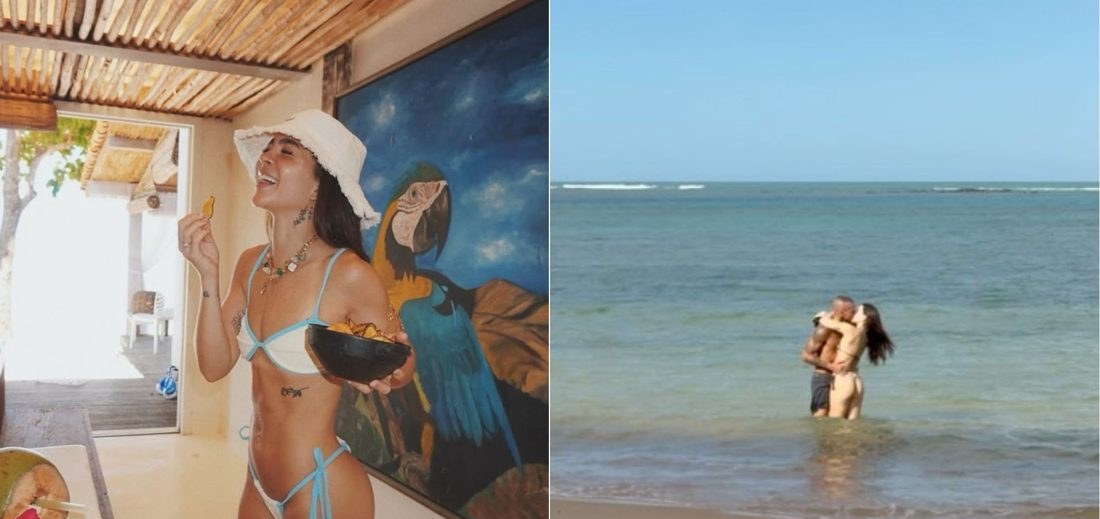 Mel Maia curte férias em Trancoso, Bahia, e troca beijos apaixonados com o lutador Luan Medeiros
