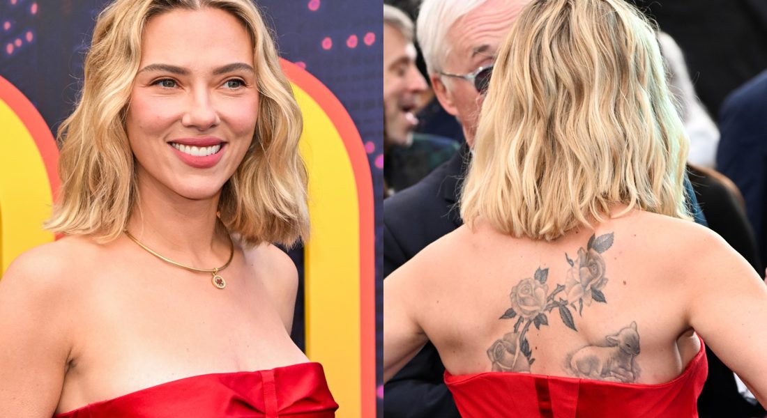 Scarlett Johansson abala première de filme com vestido tomara que caia e tatuagens à mostra em Londres
