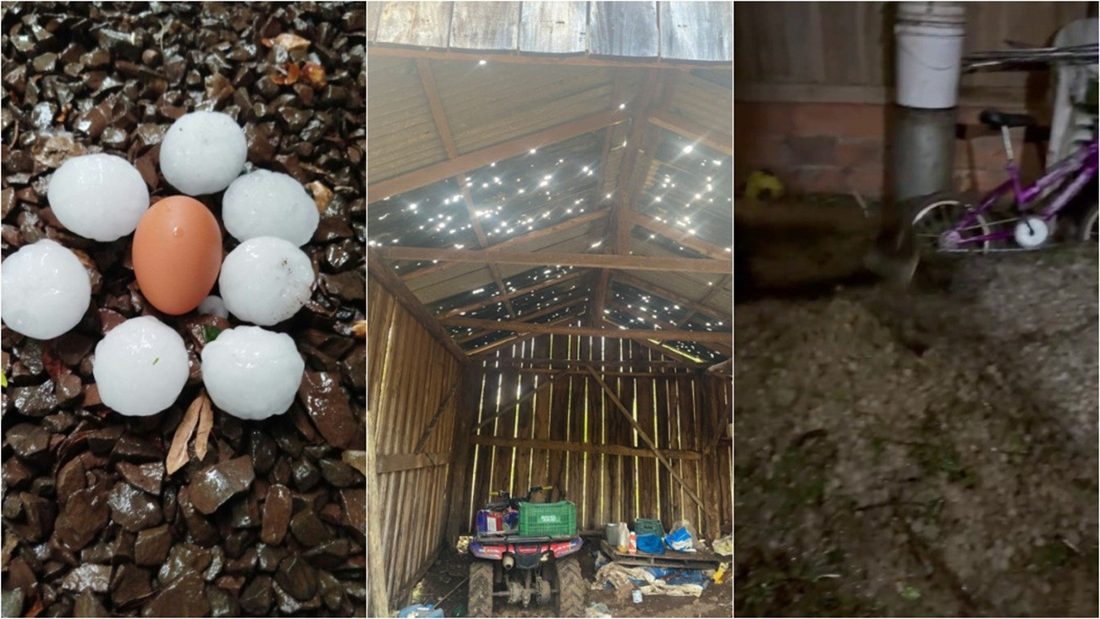 Granizo do tamanho de ovos provoca estragos e moradores usam enxada para recolher gelo no Oeste de Santa Catarina