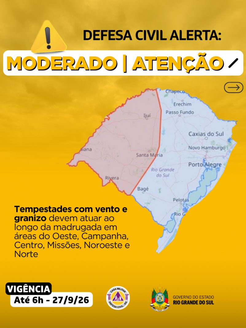 Defesa Civil do RS emite alerta de atenção para tempestades com granizo e vento na madrugada